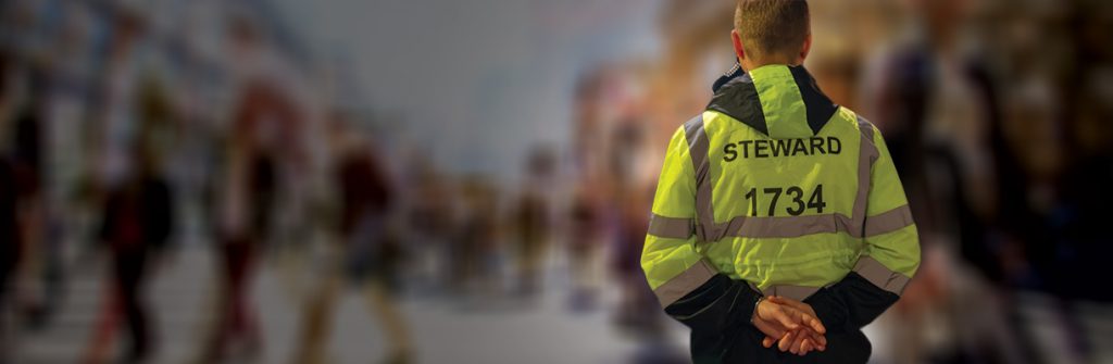 Event steward in hi-vis facing a crowd