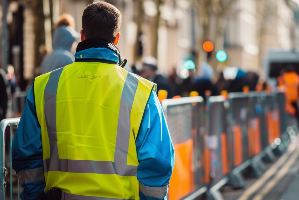 Event steward in hi-vis beside crowd barriers