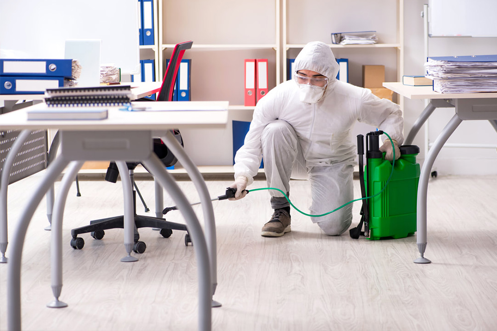Specialist cleaner in a protective suit disinfecting an office