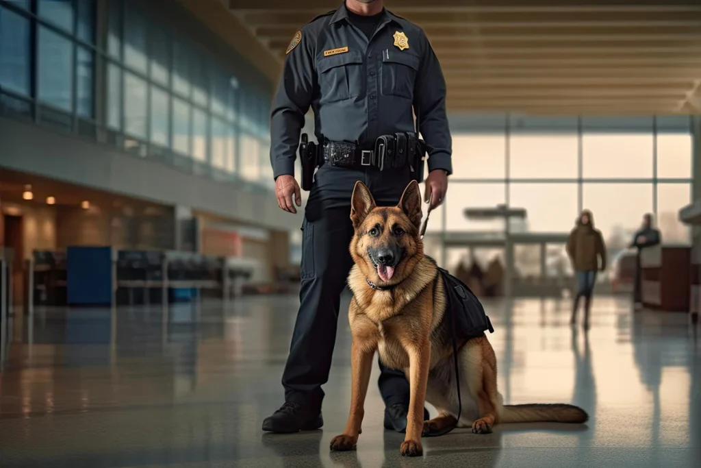 Dog handler standing with a German Shepherd security dog