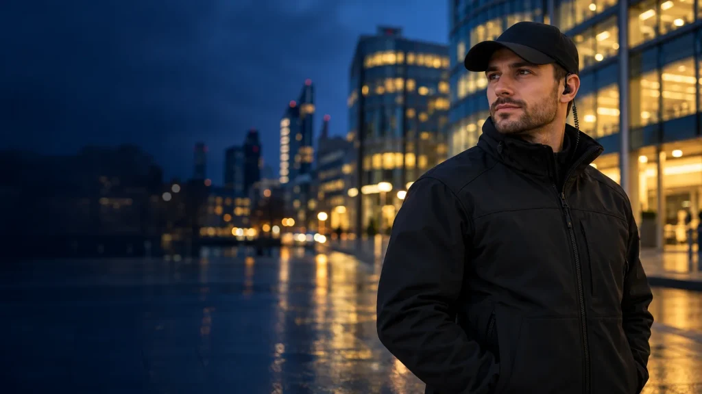 FCS Group security officer standing in a UK city business district at dusk
