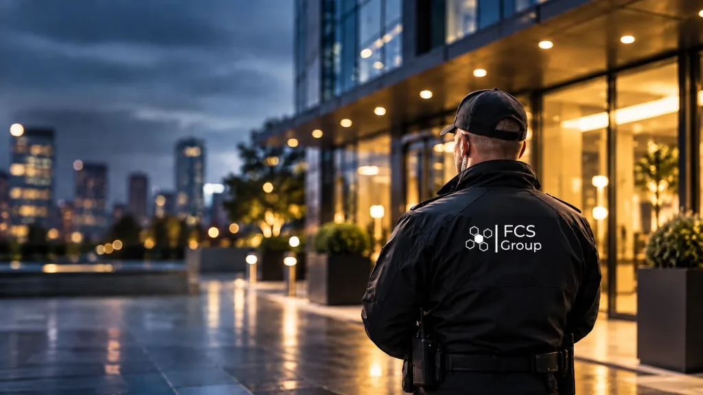FCS Group security officer guarding a commercial building entrance at night