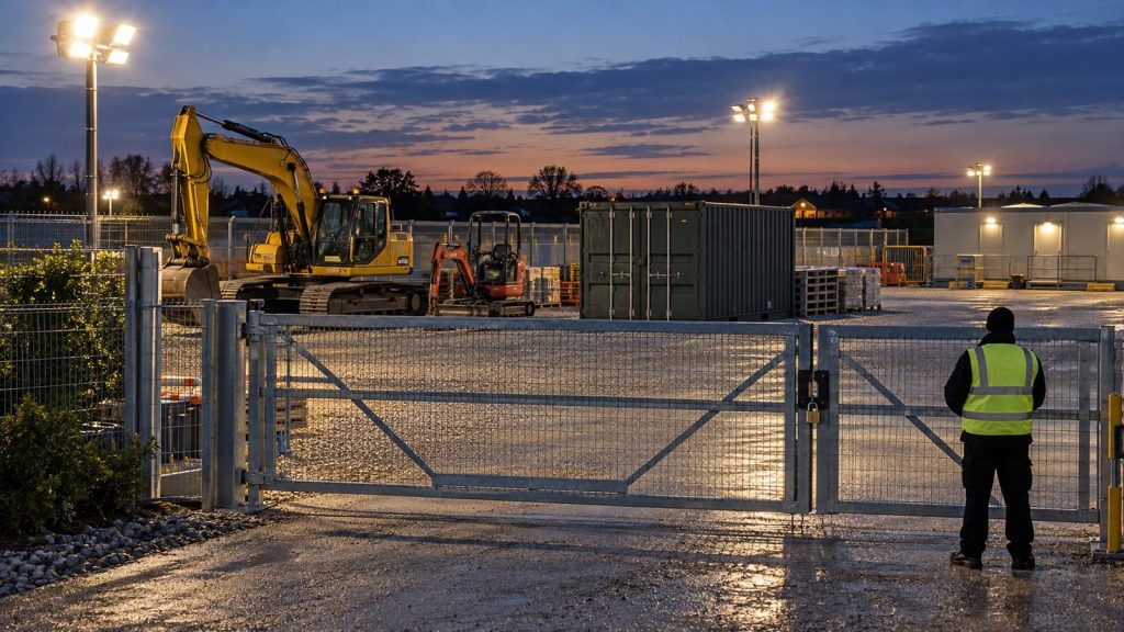 Security officer at the locked gate of a construction site plant compound at dusk, with an excavator and floodlights