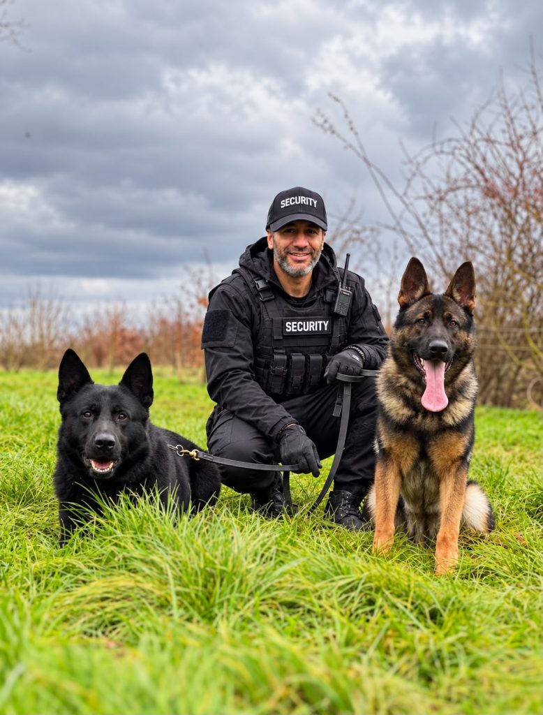 Security dog handler kneeling with two German Shepherd security dogs on grass