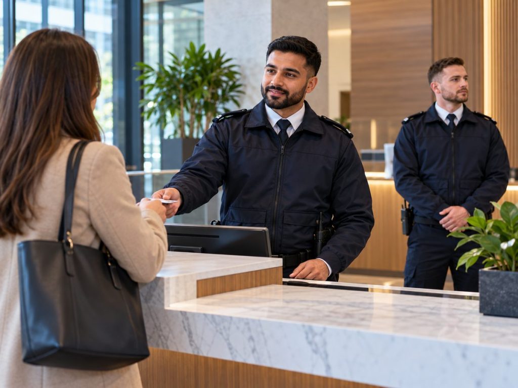 FCS Group security officers welcoming a visitor at a business reception desk