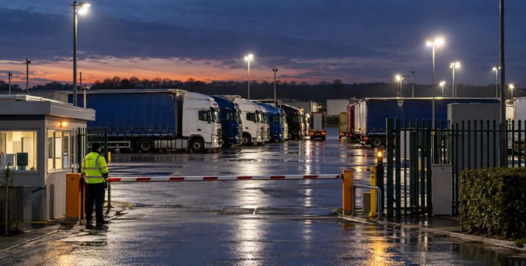 Security officer in hi-vis at the gatehouse barrier of a floodlit UK HGV yard at dusk, with lorries and curtain-sided trailers parked behind a perimeter fence