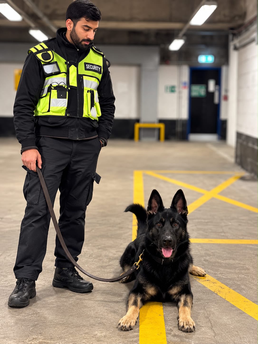 Security dog handler in hi-vis with a German Shepherd in a yard